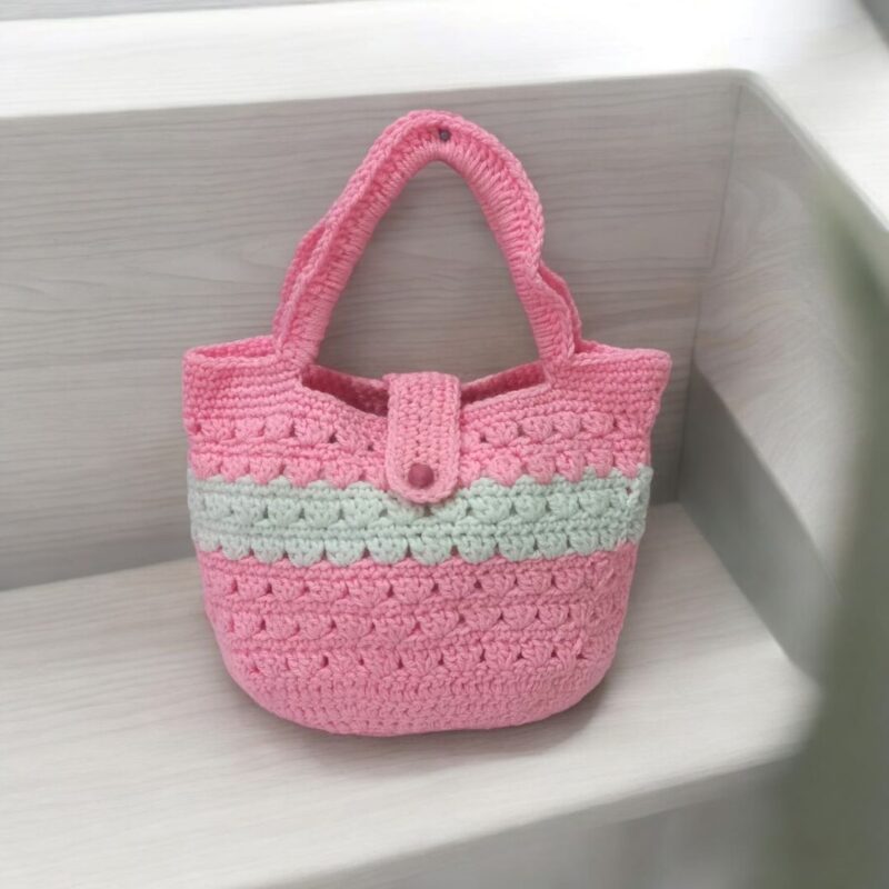 Pink and White Small Crochet Handbag