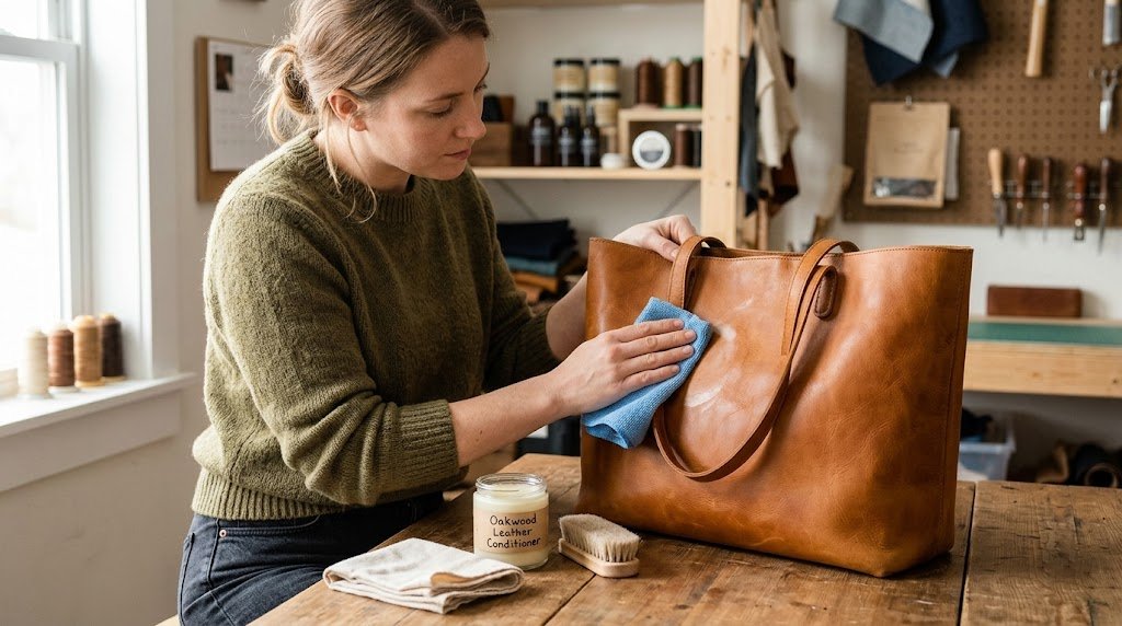 A person using a microfiber cloth and leather conditioner on a tan full-grain leather tote bag.